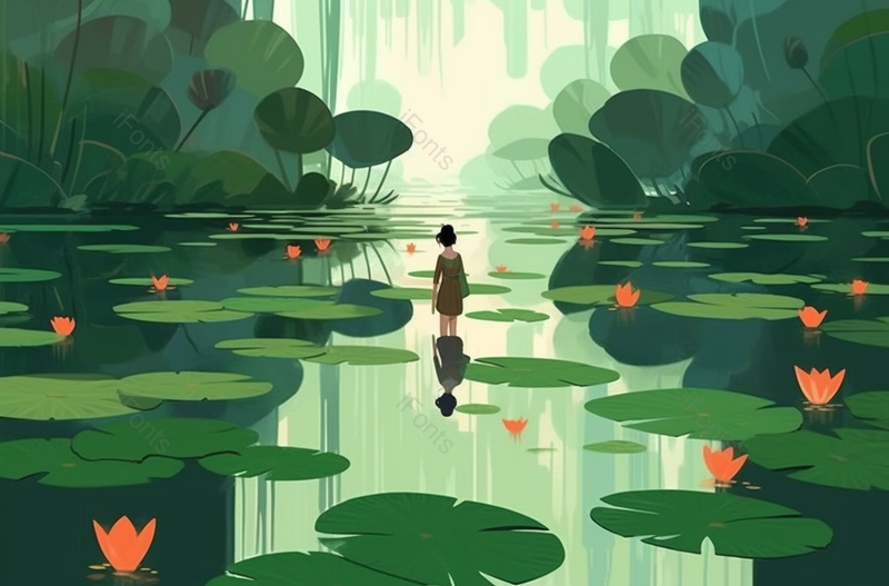 二十四节气夏季夏天立夏小暑湖中远走背影池塘荷塘水塘荷花荷叶绿色背景插画,插画/手绘图,插画/手绘图库,插画/手绘图下载,插画/手绘